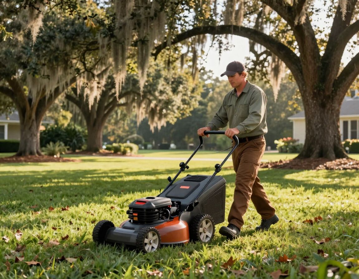 Landscaping crew mowing Savannah residential yard with live oaks in background