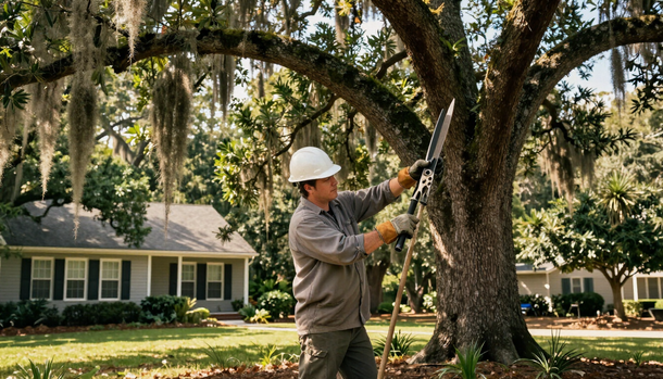Worker in hard hat trimming branches on a large tree in a suburban yard