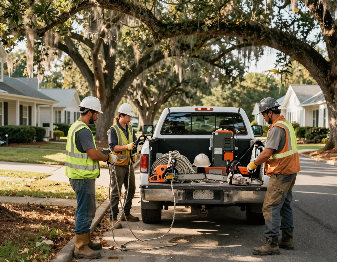 Utility workers clearing debris beside a truck on a tree-lined residential street
