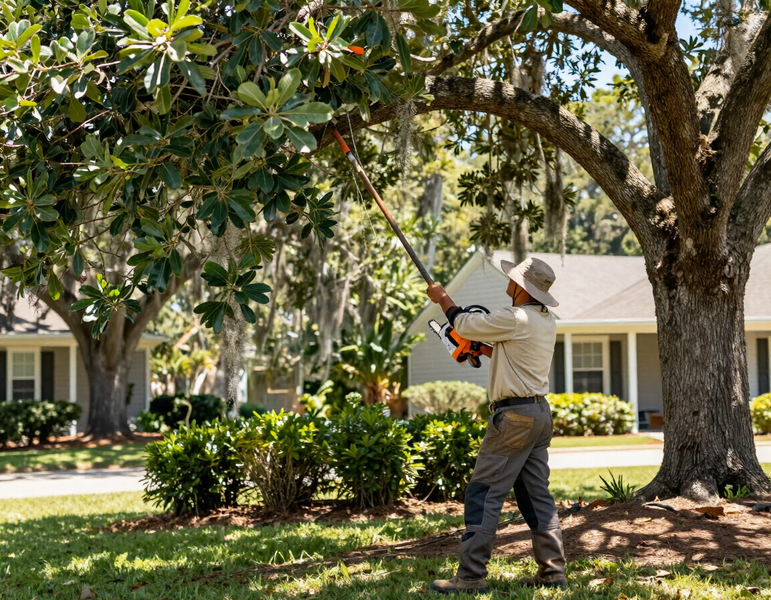 Worker trimming tree branches in a suburban yard with a chainsaw Worker trimming tree branches in a suburban yard with a chainsaw