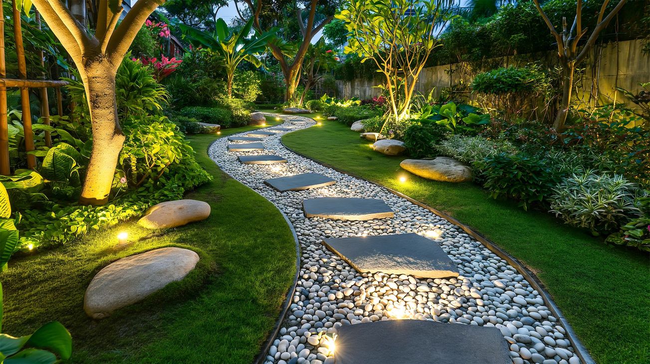 Curved stone path through a lush green garden, lined with rocks and sunlit trees.