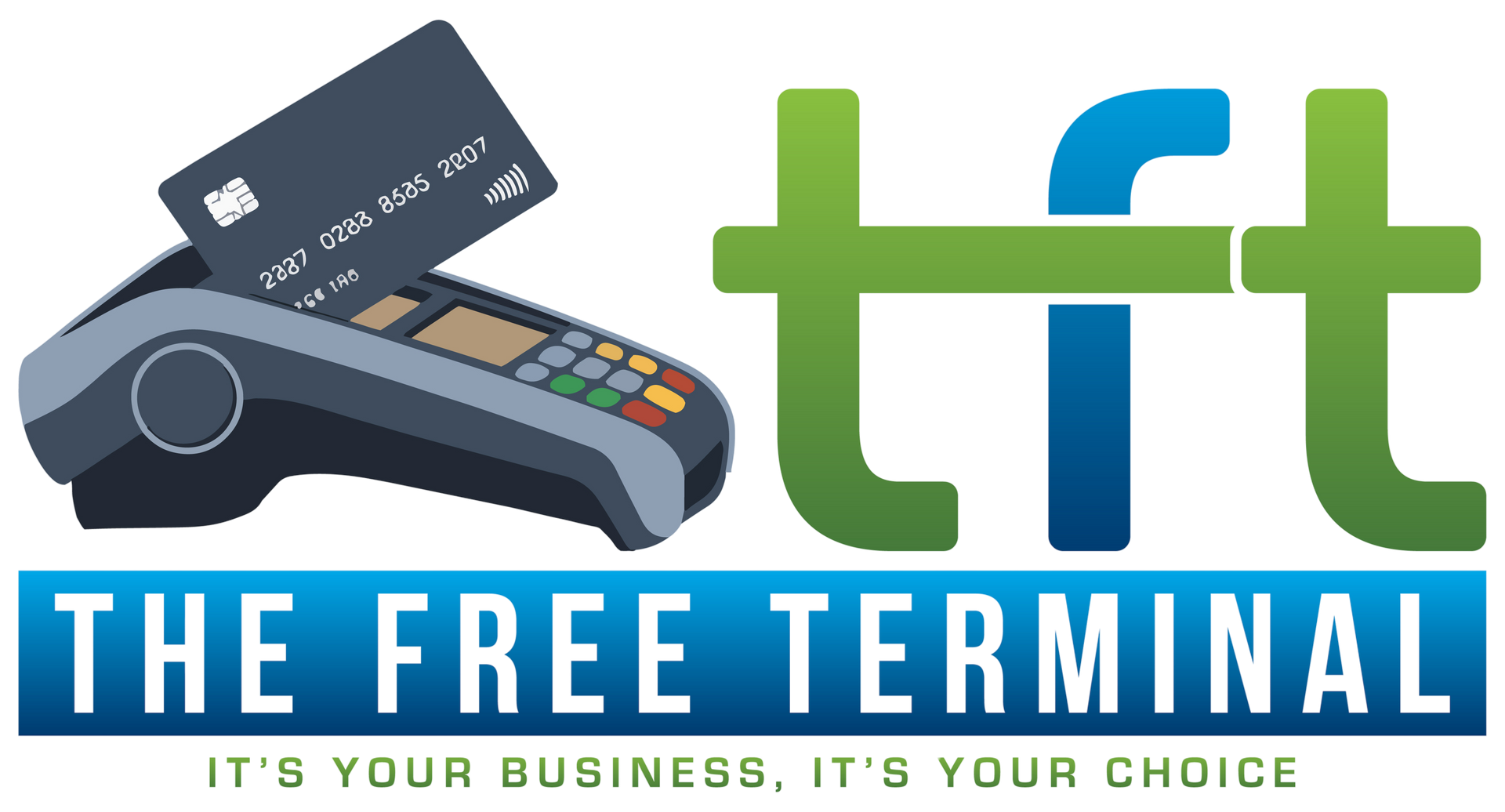 A logo for the free terminal with a credit card