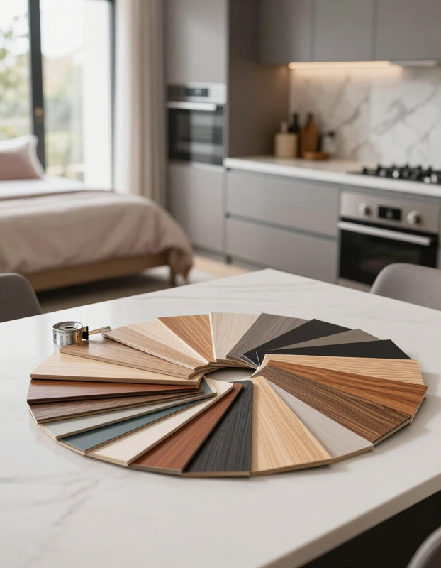 Round fan of wood and laminate samples on a white table in a modern kitchen