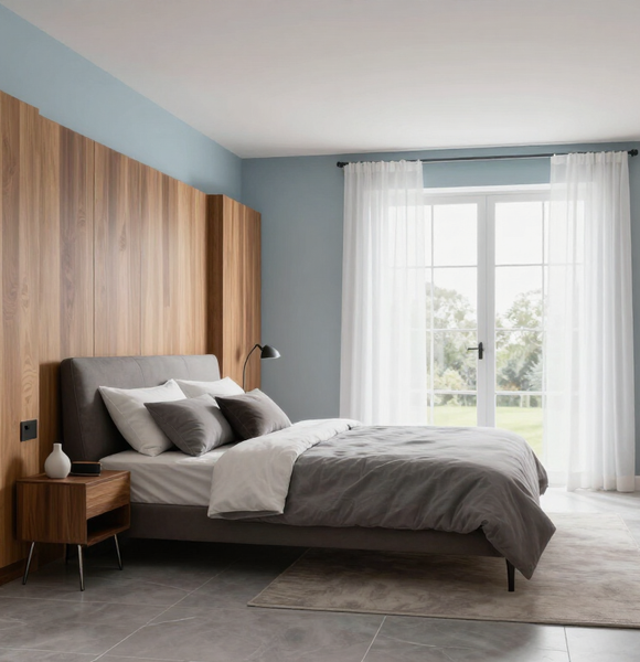 Modern bedroom with gray bed, wood accent wall, and sheer curtains by a large window