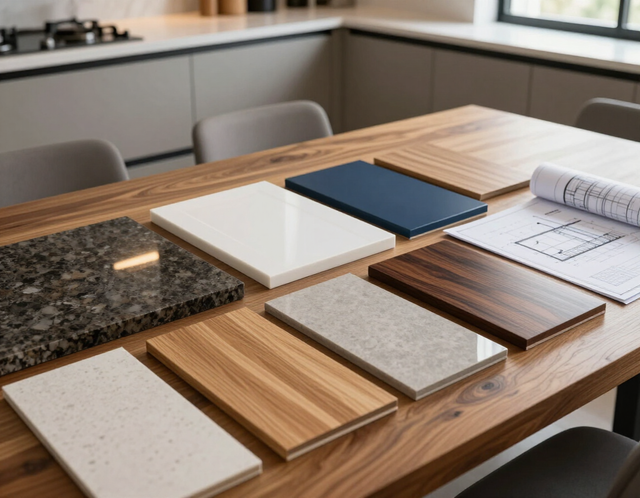 Kitchen countertop with sample stone, wood, and tile material swatches laid out on a table