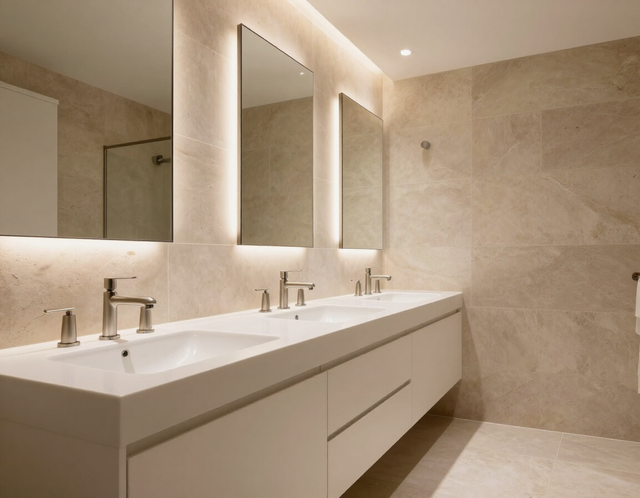 Modern beige bathroom with double vanity, large mirrors, and wall-mounted lights