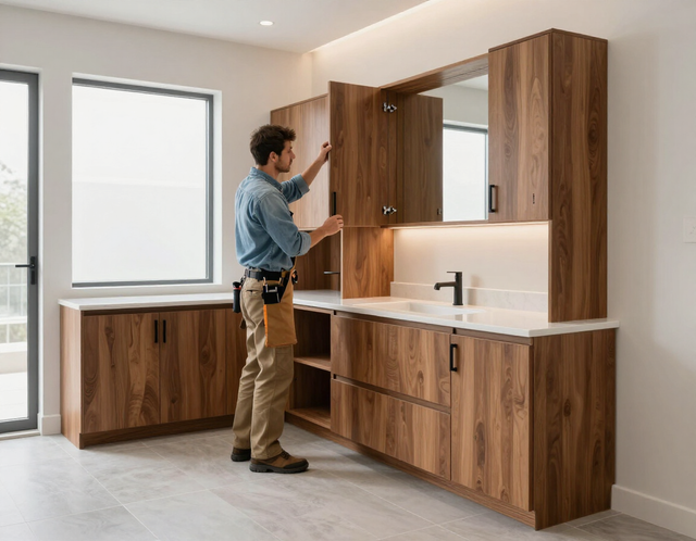 Installer working on a modern wood kitchen cabinet with white countertop in a bright apartment