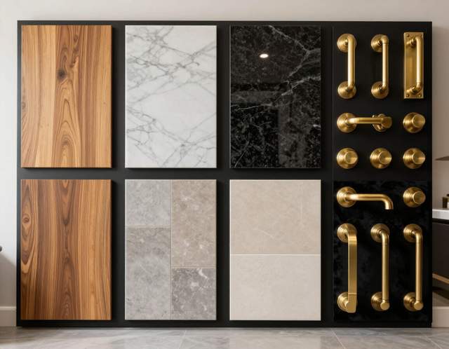 Display of wood, marble, and stone tile samples with gold cabinet pulls and handles on a black panel