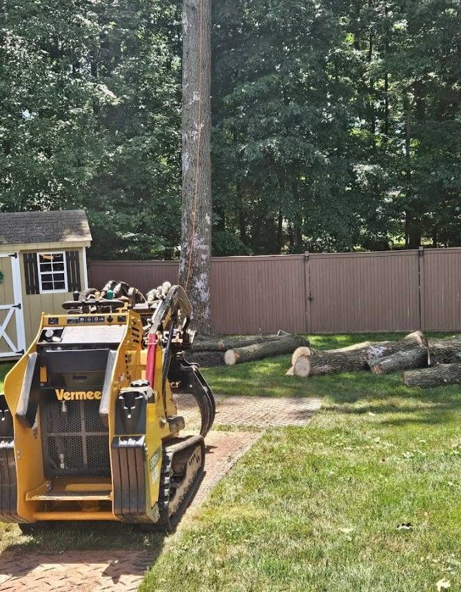 Yellow wood chipper in a grassy backyard beside a tall tree and brown fence.