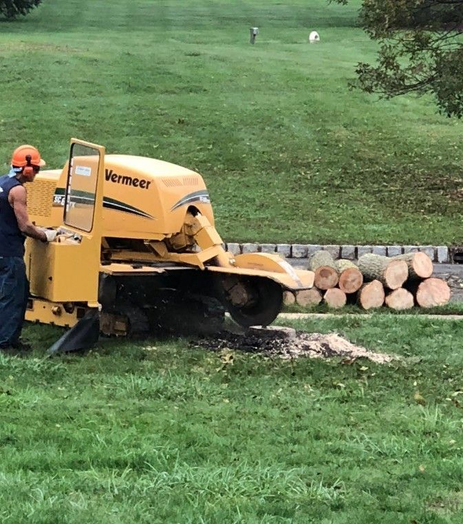 Worker operating a yellow Vermeer wood chipper beside stacked logs on a grassy hillside