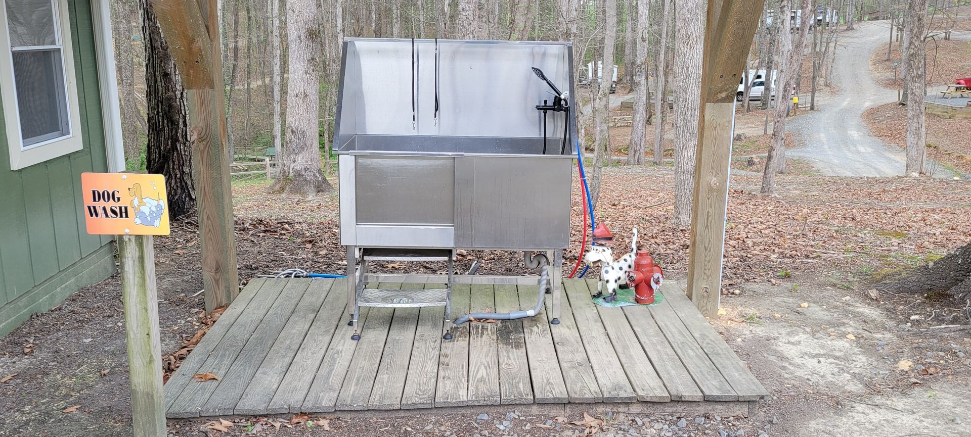 A dog wash area with a sign that says no dogs