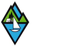 A logo with mountains and a sailboat in the water