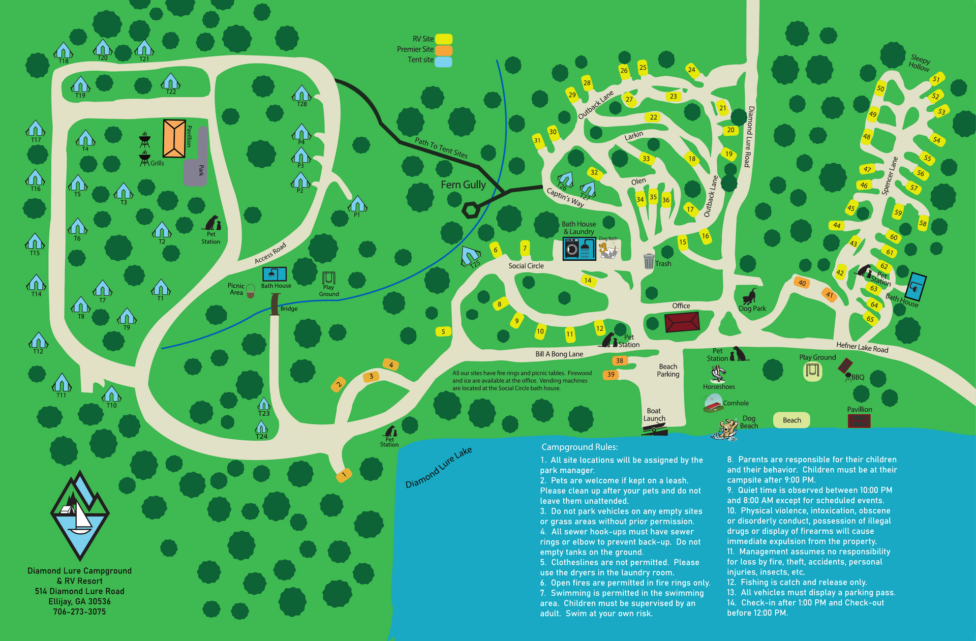 A map of Diamond Lure Campground with a lake in the middle
