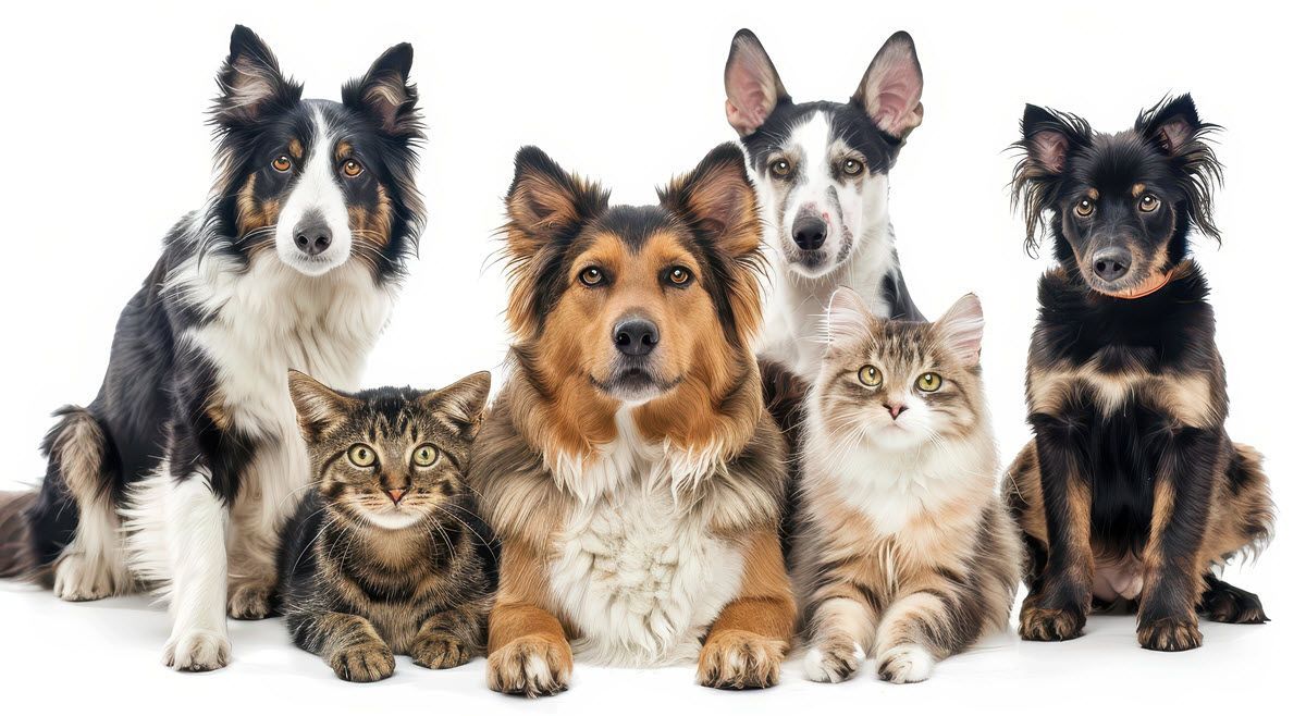 A group of dogs and cats are sitting next to each other on a white background.