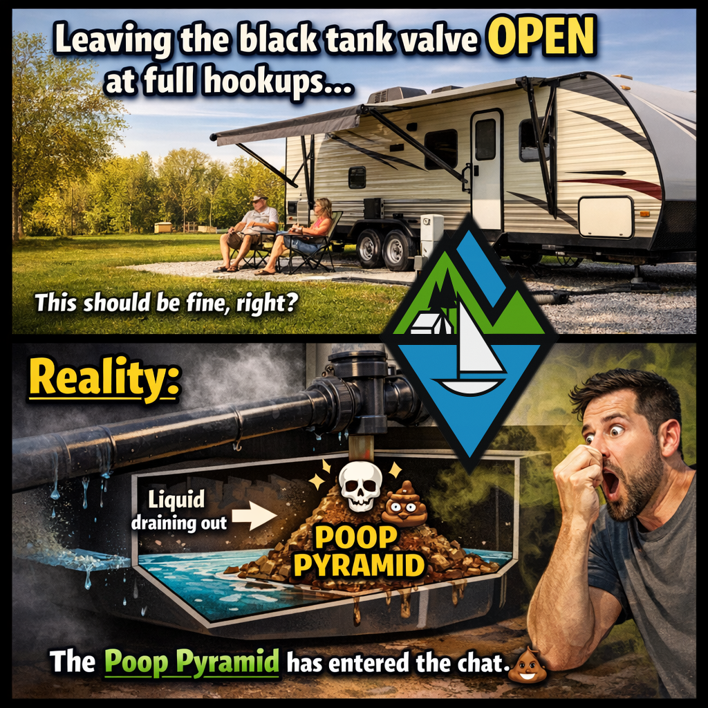 RV owners relax; black tank open. Reality shows a man grimacing at a