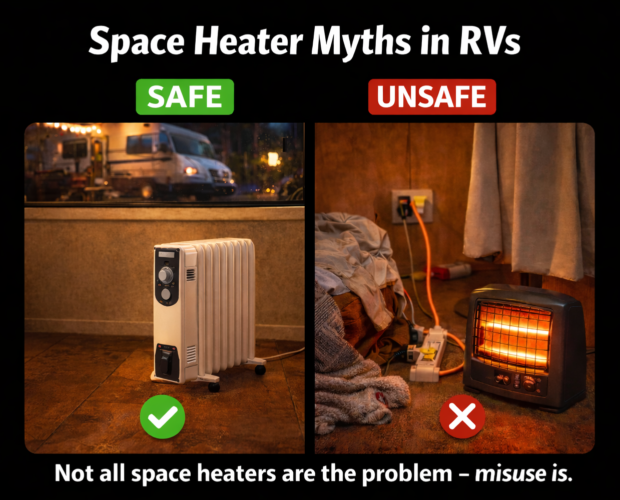 Comparison: Safe space heater (left) vs. unsafe space heater (right) in RVs. Safe one plugged in correctly. Unsafe has hazards.