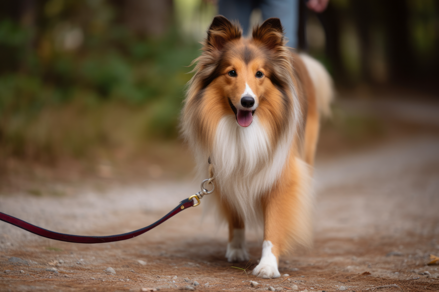 A collie dog is walking on a leash on a dirt path.