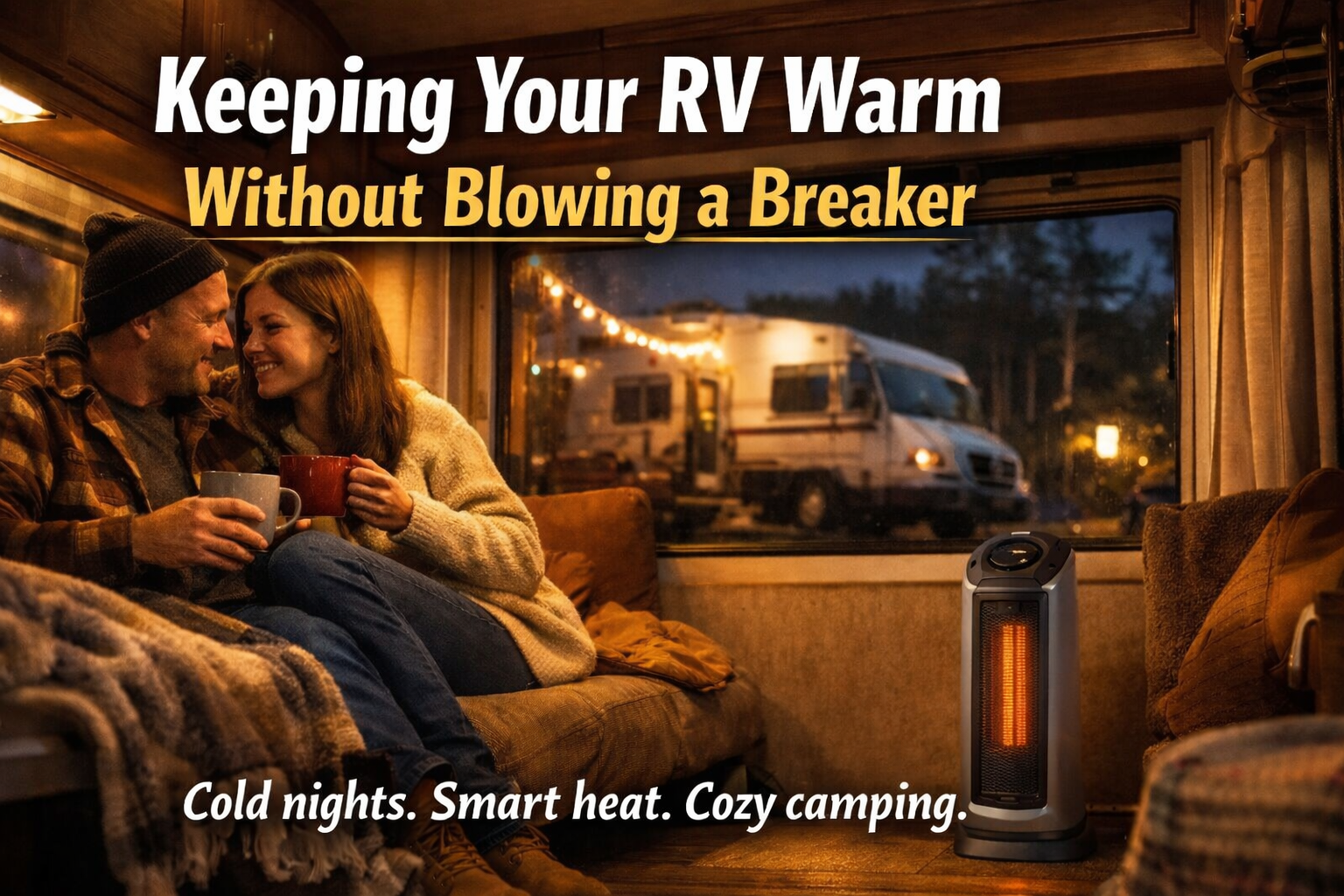 Couple in RV, drinking from mugs, with a space heater and an RV visible through the window. Text: Keeping RV Warm.