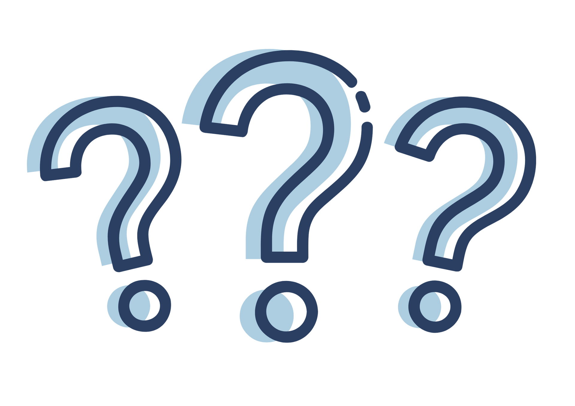 Three blue question marks on a white background