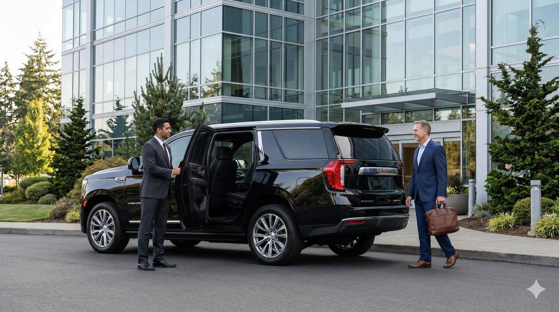 Executive car service in Sherwood Oregon with professional chauffeur and black GMC Denali SUV