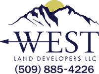 Logo for West Land Developers LLC featuring a mountain silhouette, a rising sun, a directional arrow, and phone number.