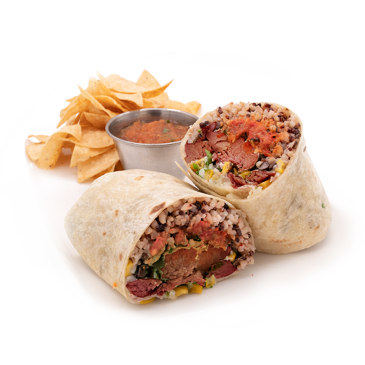 Beef burrito halves with tortilla chips and salsa on a white background