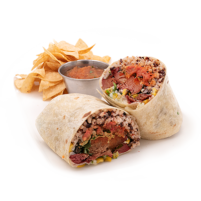 Chicken burrito halves with salsa and tortilla chips on a white background