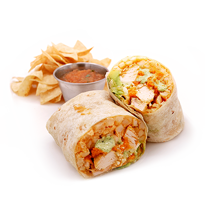 Chicken burrito halves with salsa and tortilla chips on a white background