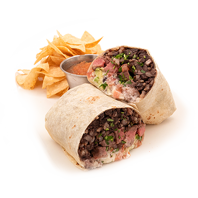Two beef and bean burritos with tortilla chips and salsa on a white background
