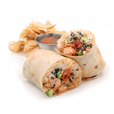 Two chicken burritos with salsa and tortilla chips on a white background