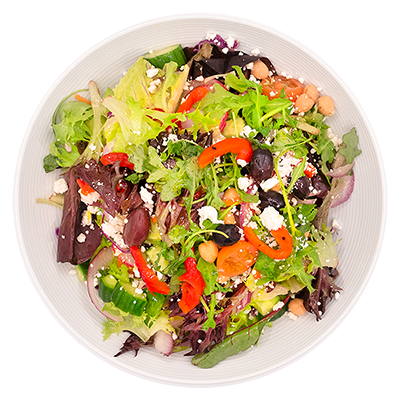 Mixed green salad with red peppers, beans, and crumbled cheese in a bowl