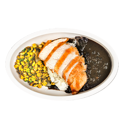 Oven-baked chicken with rice, corn, and black bean sauce in a white oval tray