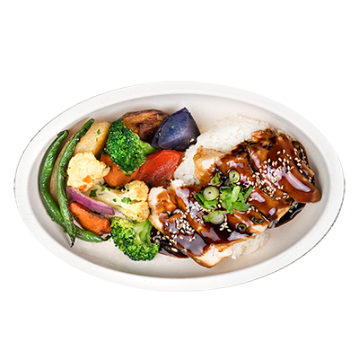 Grilled fish with teriyaki glaze, rice, and steamed vegetables on a white oval plate