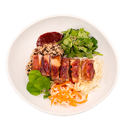 A bowl of sliced grilled meat with greens, bean sprouts, and shredded vegetables, topped with sauce
