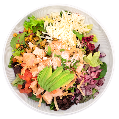 Colorful poke bowl with salmon, avocado, sprouts, greens, and diced vegetables