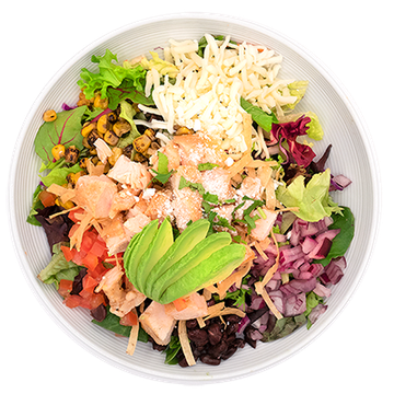 Colorful poke bowl with salmon, avocado, sprouts, greens, and diced vegetables