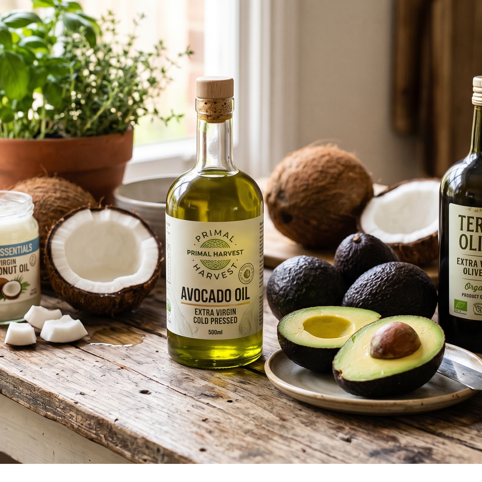 Avocado oil bottle with avocados on a wooden board, green leaves in the background