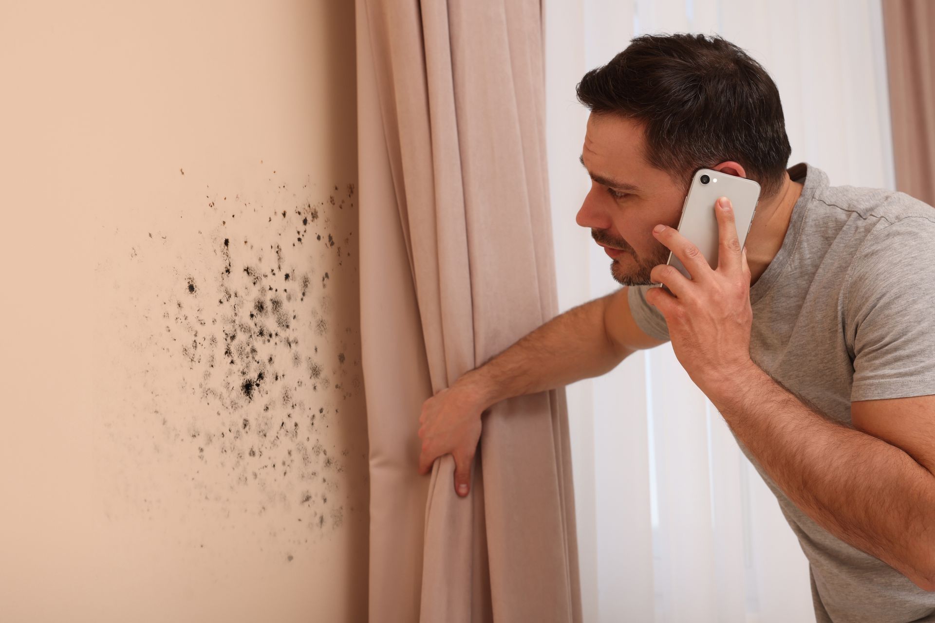 A man is talking on a cell phone while looking at mold on a wall.