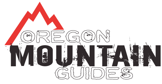 Logo for Oregon Mountain Guides: red mountain icon above the text