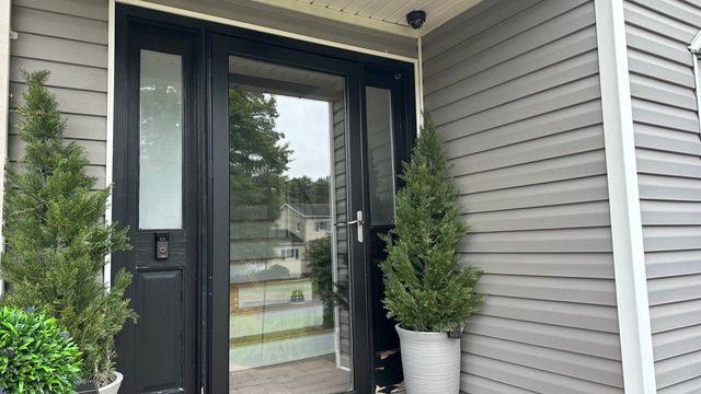 Modern front entry with black double doors, glass sidelights, and potted evergreens by gray siding