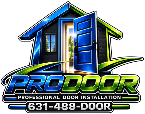 ProDoor logo with blue house and door, “Professional Door Installation,” and phone number 631-488-DOOR