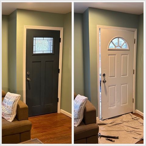 Before-and-after view of a front door makeover: dark door replaced with a white door with a half-moon window.