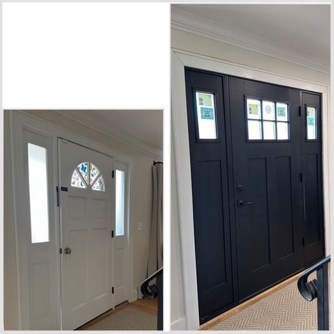 Front doors: white door with sidelights and black door with glass panes in a porch entryway
