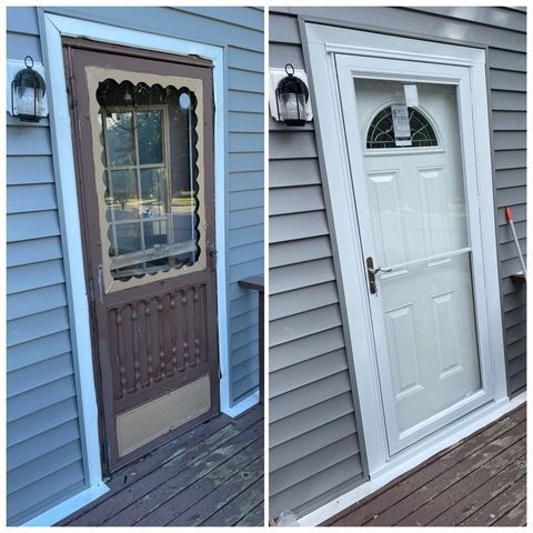 Two front doors side by side: brown storm door and white paneled door on gray siding.