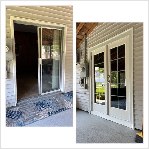 Two exterior entryways: a sliding glass door with a patterned mat and a white French door with glass panes.