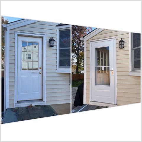 Before-and-after view of a home’s front entry door, showing white doors on blue and beige siding.