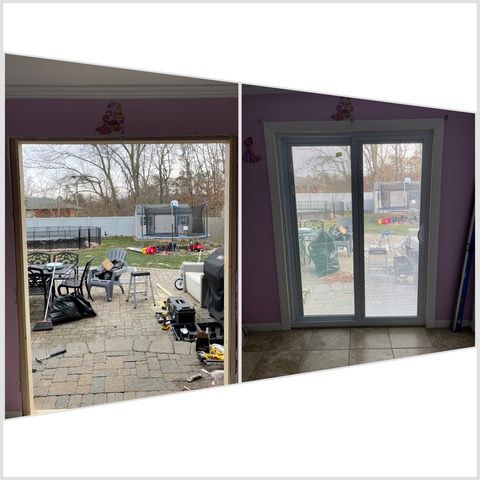 Before-and-after view of a patio renovation, showing a door opening onto the outdoor space.