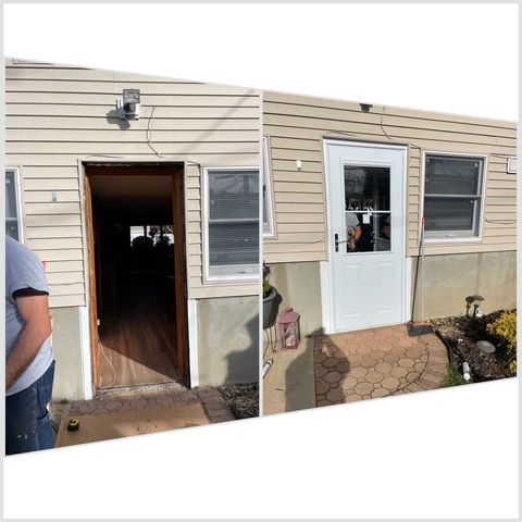 Side-by-side view of a beige house entrance before and after a white door installation.