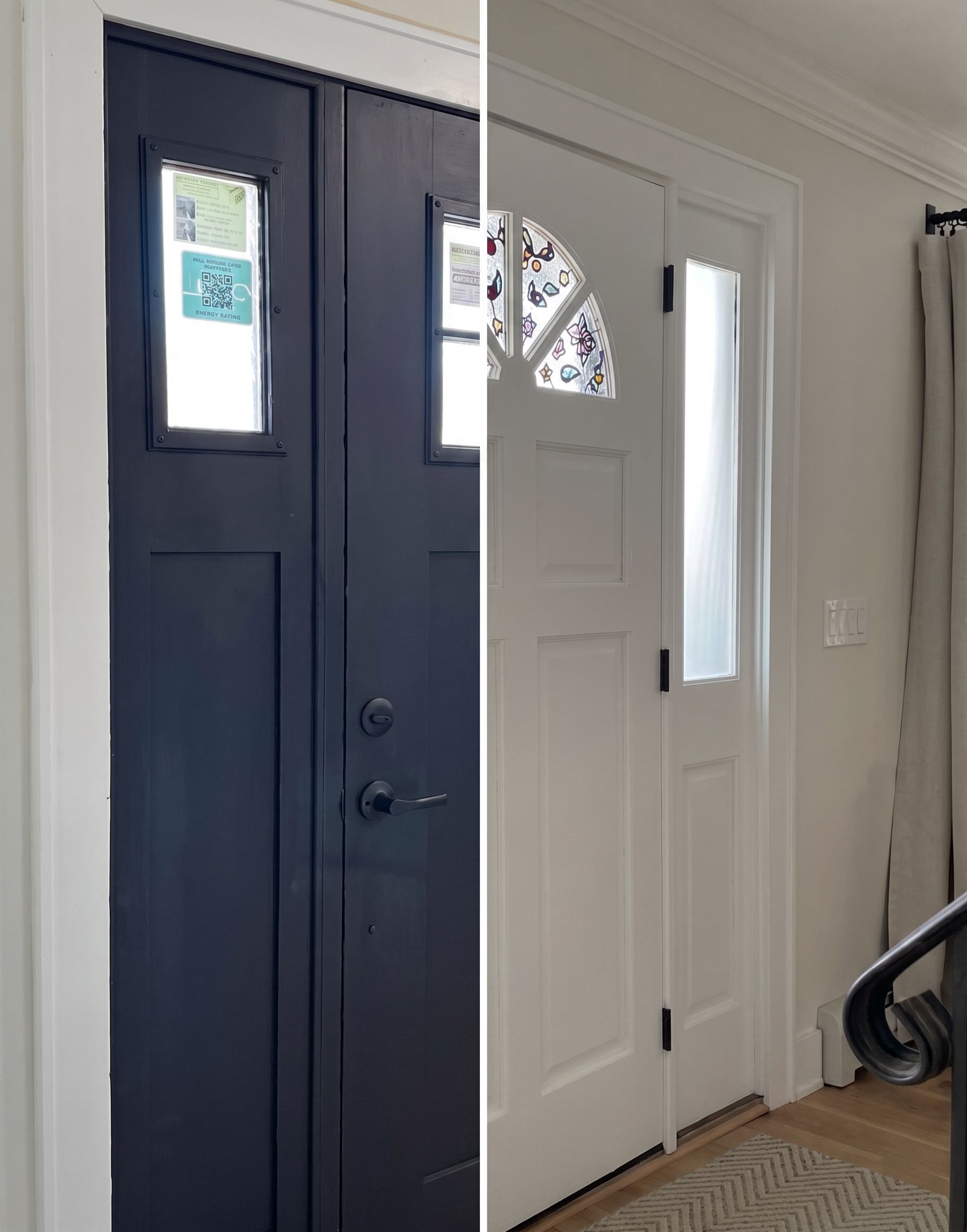 Front entryway with a navy double door beside a white front door and staircase railing.