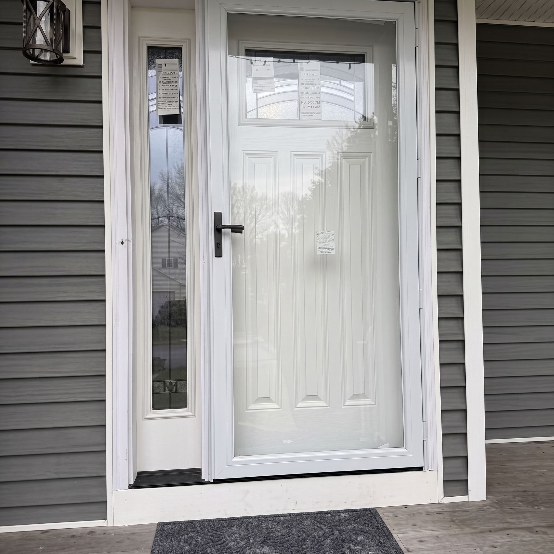 Front door with a glass storm door, white entry door, and gray siding on a house.